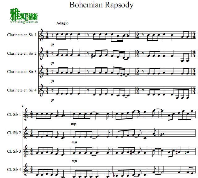 波西米亚狂想曲Bohemian Rhapsody单簧管四重奏谱