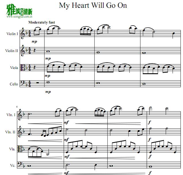 泰坦尼克 我心永恒My heart will go on弦乐四重奏谱 