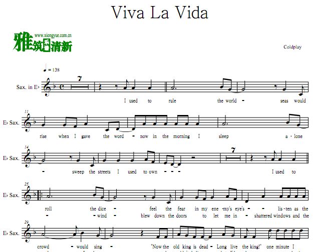 Coldplay - Viva La Vida降E中音萨克斯谱