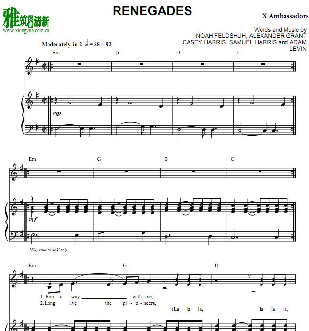 X Ambassadors - Renegades钢琴伴奏谱