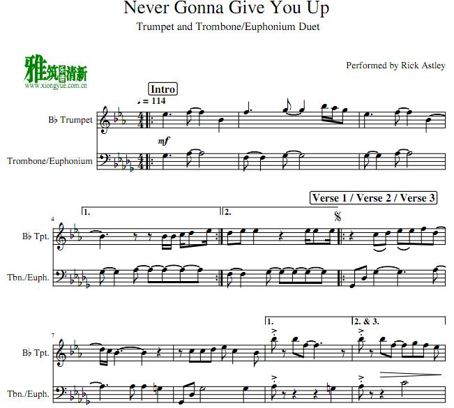 Never Gonna Give You Up小号长号二重奏谱