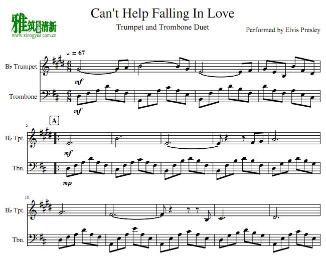 Can't Help Falling in Love 小号长号二重奏谱