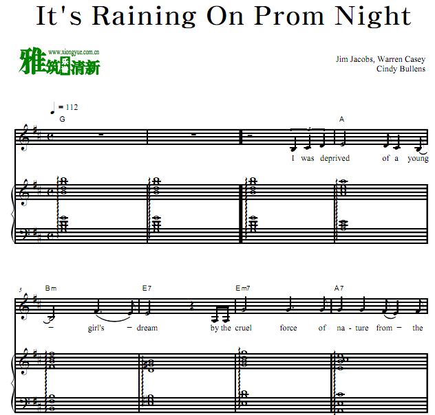电影Grease油脂插曲 it's rainning on prom night弹唱伴奏钢琴谱 歌谱