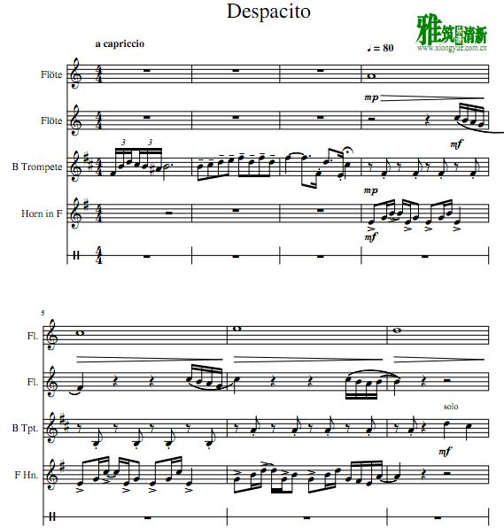 Despacito 管乐四重奏+鼓谱 长笛长号圆号