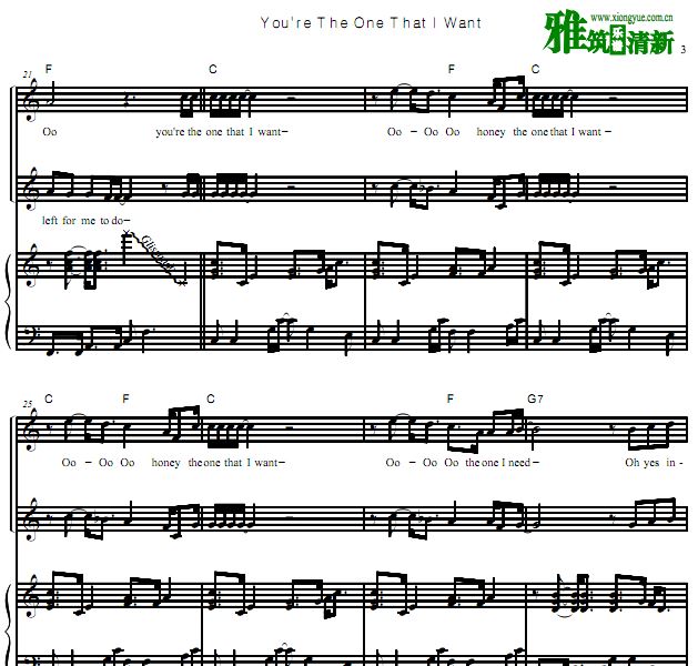 电影Grease油脂插曲 You're The One That I Want混声二部钢琴伴奏谱
