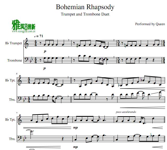 波西米亚狂想曲 Bohemian Rhapsody小号长号二重奏谱