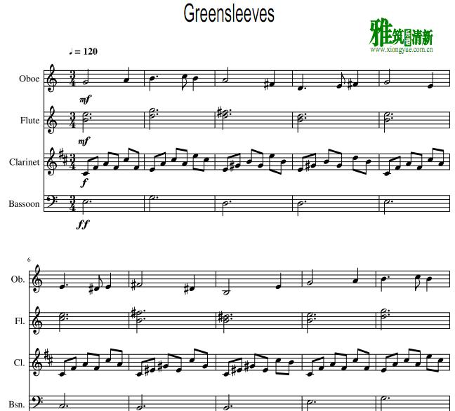 绿袖子Greensleeves管乐四重奏谱