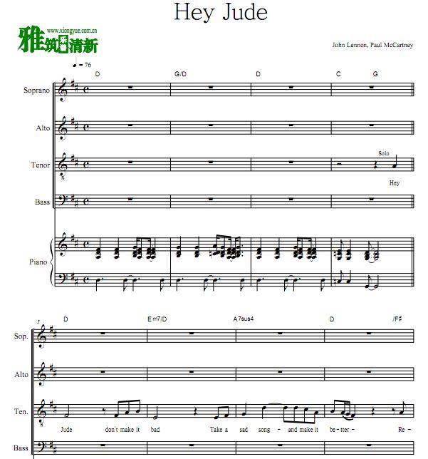beatles － Hey Jude钢琴伴奏四声部合唱谱