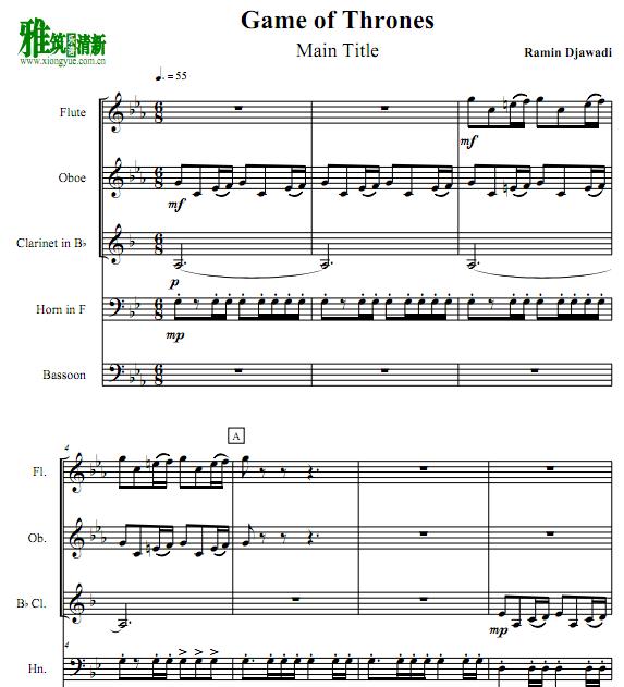 Game of Thrones权力的游戏主题曲木管五重奏谱