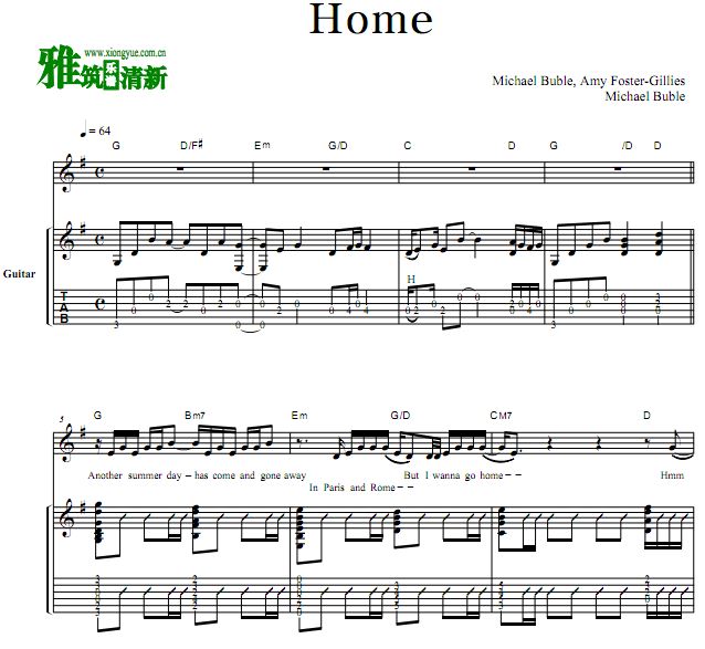 Michael Buble - Home 吉他谱 TAB六线谱