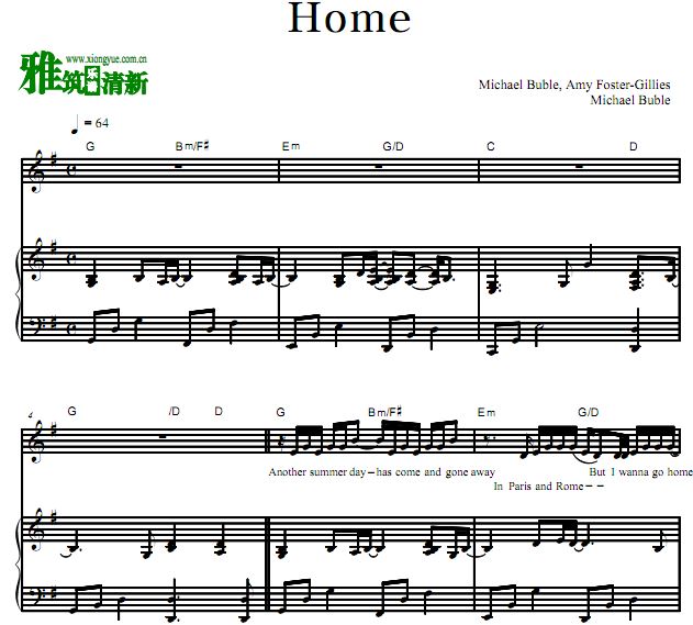 Michael Buble - Home伴奏弹唱钢琴谱 歌谱 正谱