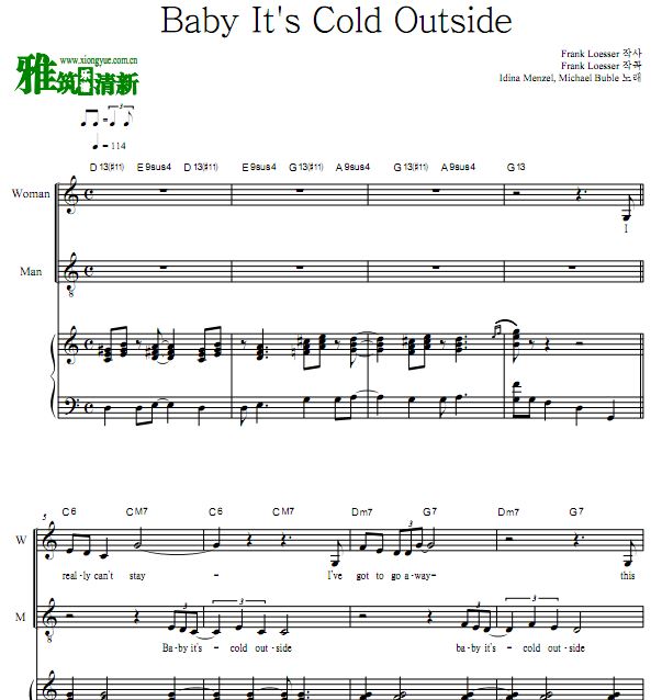 Idina Menzel,Michael Buble - Baby It's Cold Outside弹唱钢琴谱 歌谱