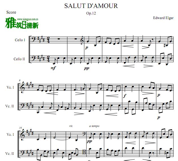 Salut d'amour 爱的致意大提琴二重奏谱