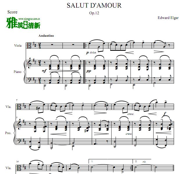 Salut d'amour 爱的致意中提琴钢琴二重奏谱
