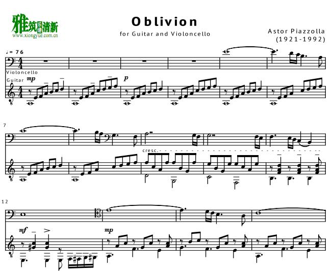 皮亚佐拉遗忘Oblivion大提琴吉他重奏谱
