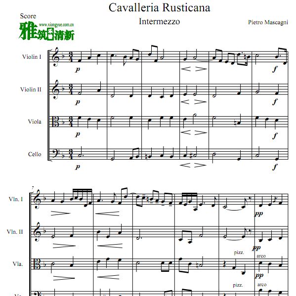 马斯卡尼 乡间骑士间奏曲 Cavalleria rusticana:Intermezzo弦乐四重奏谱