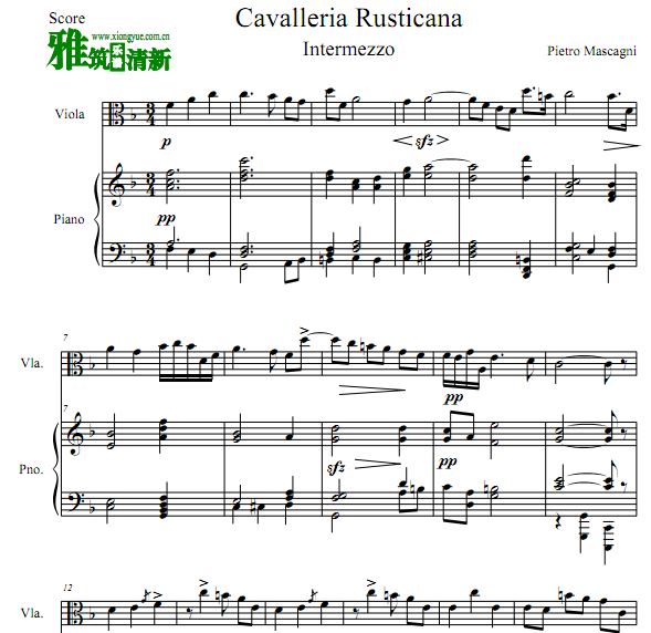 马斯卡尼乡间骑士间奏曲Cavalleria rusticana：Intermezzo中提琴钢琴合奏谱