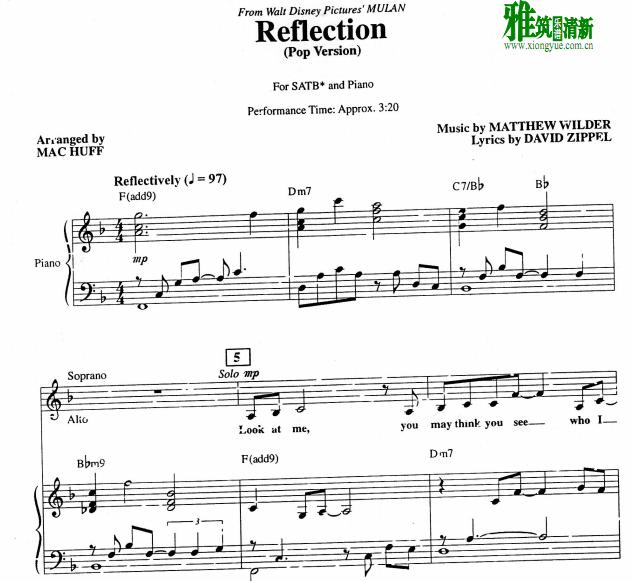 reflection 四声部SATB合唱钢琴伴奏谱1