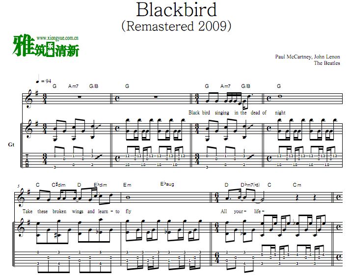The Beatles - Blackbird歌谱 吉他谱