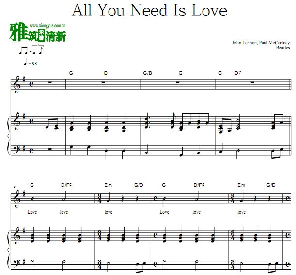 Beatles - All You Need Is Love歌谱 钢琴弹唱伴奏谱