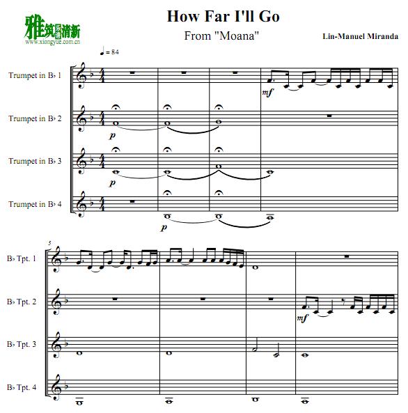 How Far I'll Go小号四重奏谱