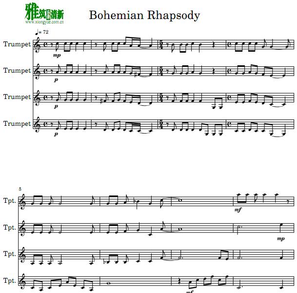 波西米亚狂想曲 Bohemian Rhapsody小号四重奏谱