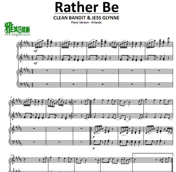 Rather Be 四手联弹谱