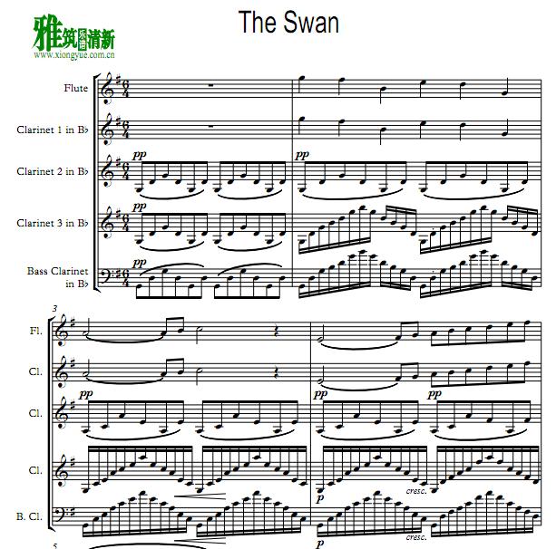 圣桑Le Cygne天鹅the Swan 长笛单簧管五重奏谱