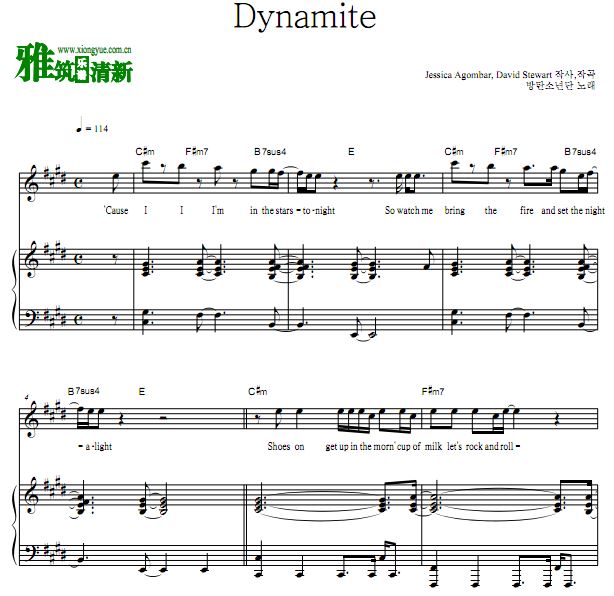 BTS - Dynamite钢琴伴奏谱 歌谱 正谱