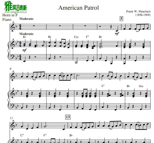 美国巡逻兵进行曲 - American Patrol圆号钢琴谱