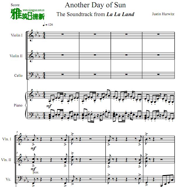 爱乐之城 Another Day Of Sun钢琴四重奏谱