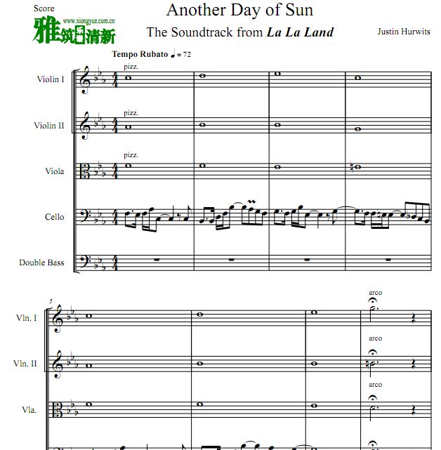 爱乐之城 Another Day Of Sun小提琴中提琴大提琴低音提琴五重奏谱