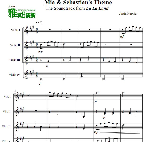 爱乐之城 LA LA LAND - Mia & Sebastian's Theme小提琴四重奏谱