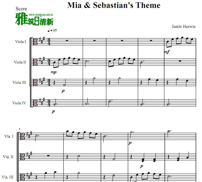 爱乐之城 LA LA LAND - Mia & Sebastian's Theme中提琴四重奏谱