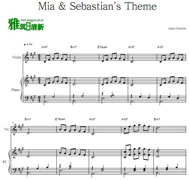 爱乐之城 Mia & Sebastian's Theme小提琴钢琴谱