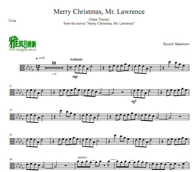 圣诞快乐劳伦斯先生merry christmas mr. lawrence中提琴谱