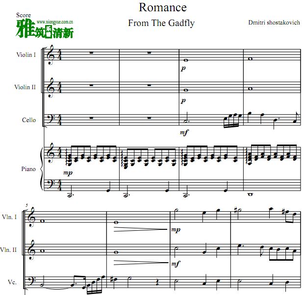 肖斯塔科维奇浪漫曲Romance双小提琴大提琴钢琴合奏谱