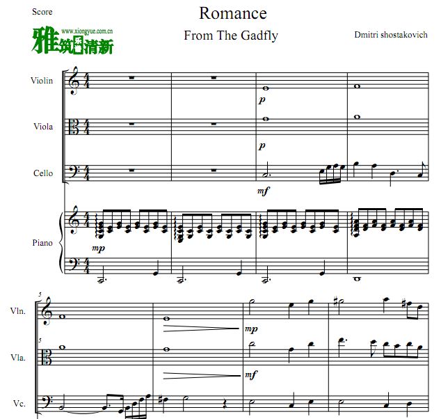 肖斯塔科维奇浪漫曲Romance弦乐钢琴四重奏谱