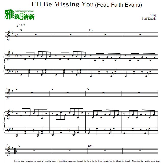 Puff Daddy 吹牛老爹 - I'll be missing you弹唱钢琴谱 歌谱
