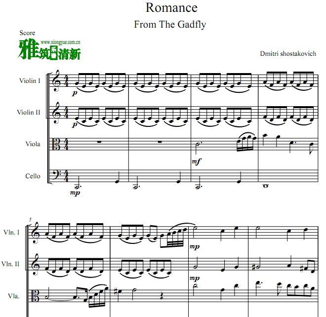 肖斯塔科维奇浪漫曲弦乐四重奏谱 