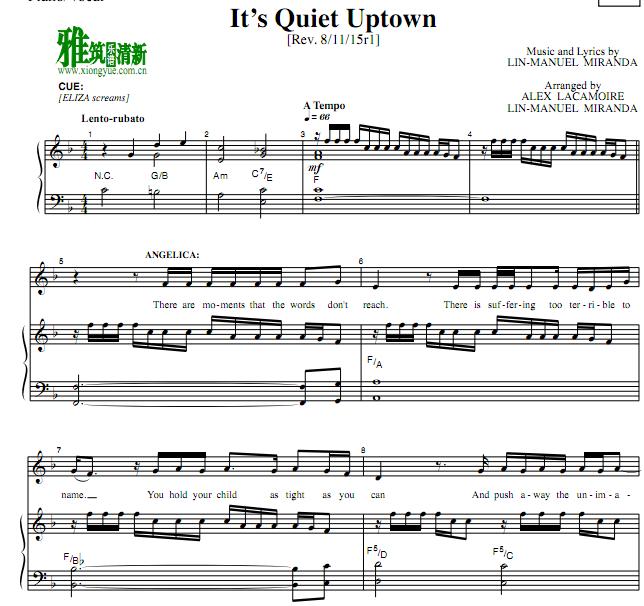 汉密尔顿HAMILTON - It's Quiet Uptown钢琴伴奏谱