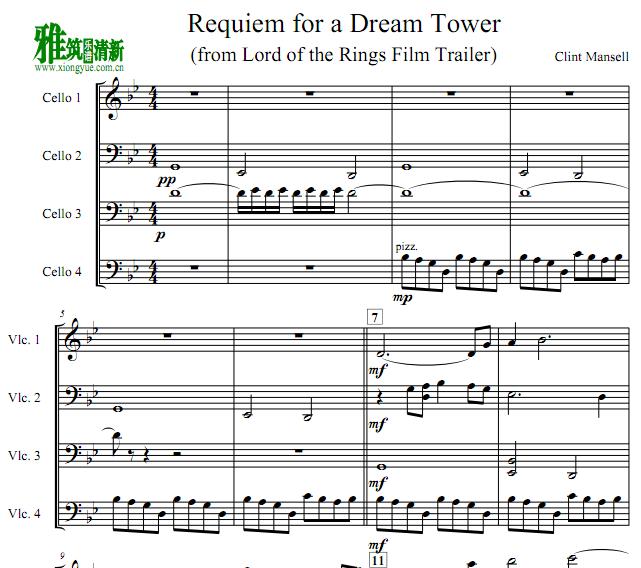 魔戒 预告片Requiem for a Dream Tower大提琴四重奏谱