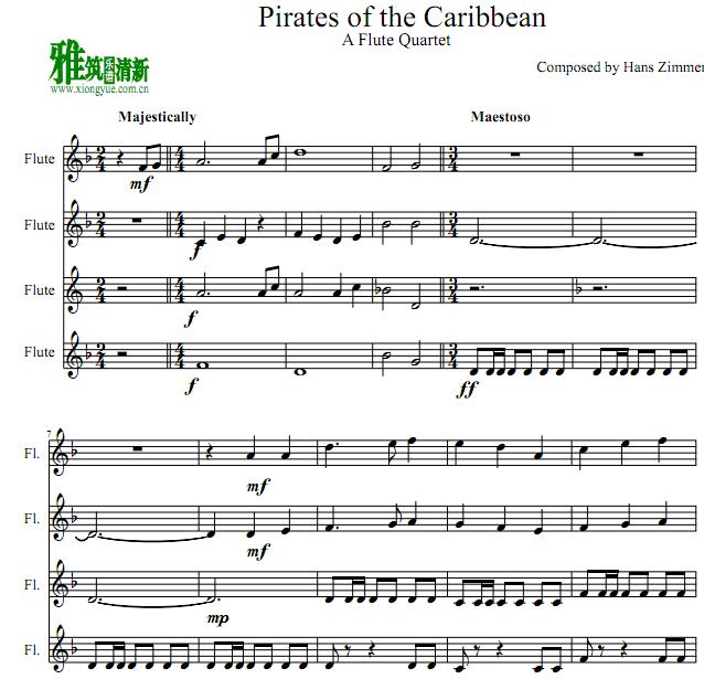 加勒比海盗pirates of the caribbean长笛四重奏谱