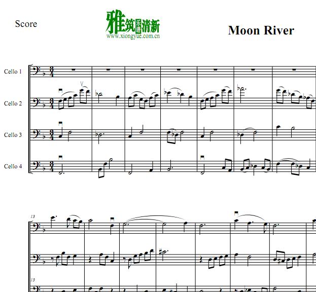 月亮河 Moon River 大提琴四重奏谱