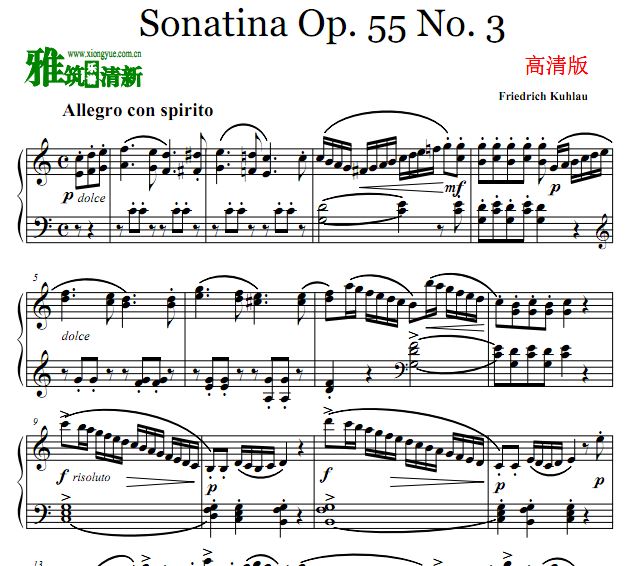 库劳C大调小奏鸣曲 Sonatina Op.55 No.3高清钢琴谱