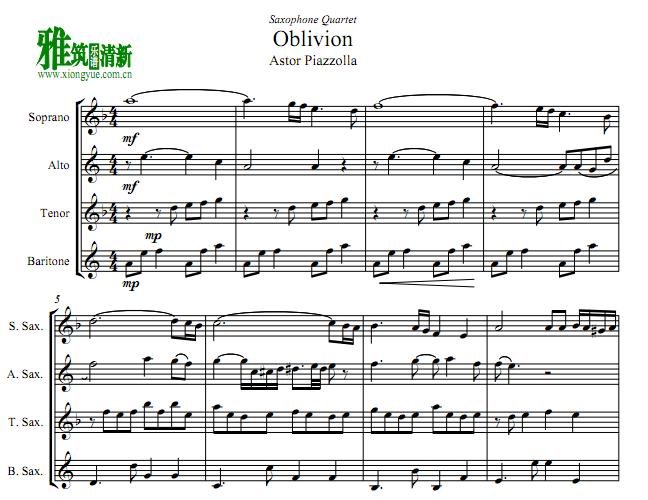 皮亚佐拉 oblivion遗忘萨克斯四重奏谱