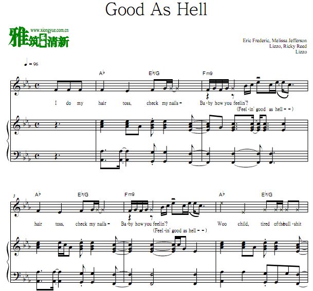 Lizzo - Good As Hell歌谱 伴奏弹唱钢琴谱