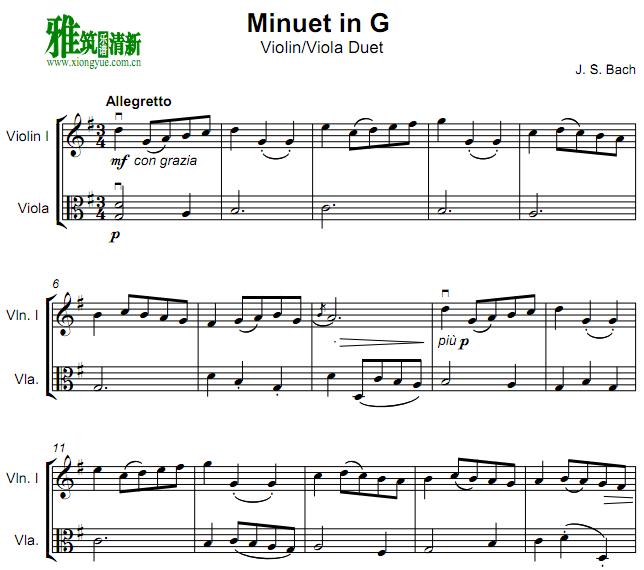 巴赫G大调小步舞曲小提琴中提琴二重奏谱 Minuet in G