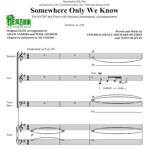 Somewhere Only We Know四声部合唱钢琴伴奏谱