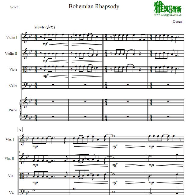 波西米亚狂想曲 Bohemian Rhapsody钢琴五重奏谱
